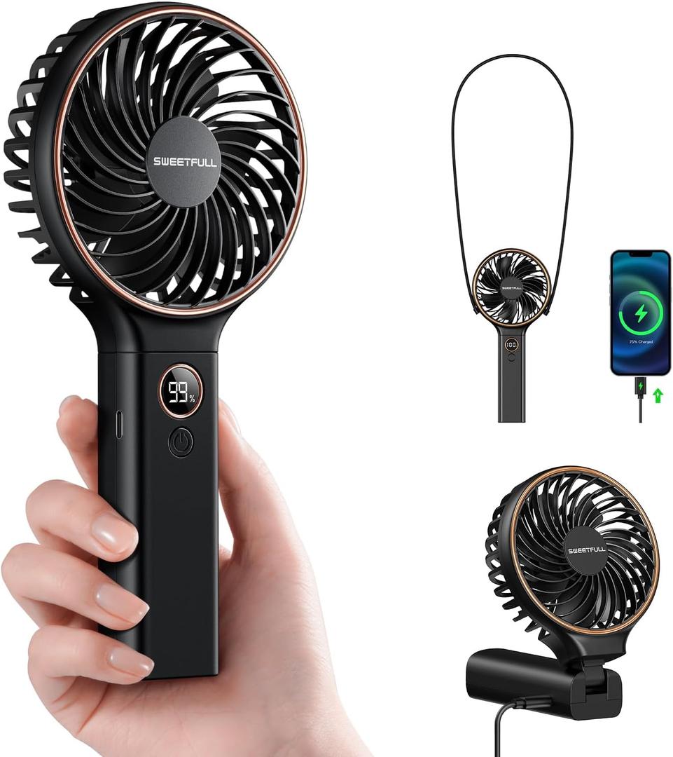SWEETFULL Handheld Portable Fan, 5000mAh Rechargeable Battery, 6 Speed Wind, LED Digital Display, Foldable Electric Personal Mini Travel Fan with Backup Power, Summer Essentials Gifts for Women Girl (Black)