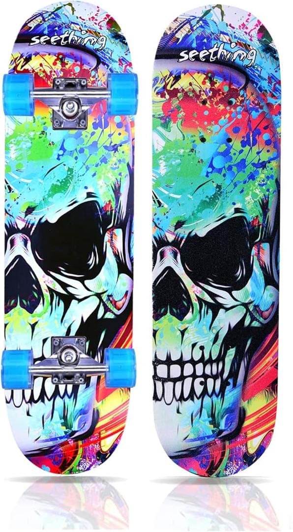 Skateboards for Beginners Kids Teens Boys Girls and Adult, 31''x8'',7-Layer Maple,Double Kick Concave,Solid&Durable (Skull)