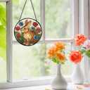 Easter Bunny Flower Stained Glass Window Hanging, Bunny Rabbit Floral Sun Catchers Indoor Window Round Glass Wall Art Decor, Easter Rabbit Suncatcher Wall Hanging Decorations, 7.9x7.9 inch