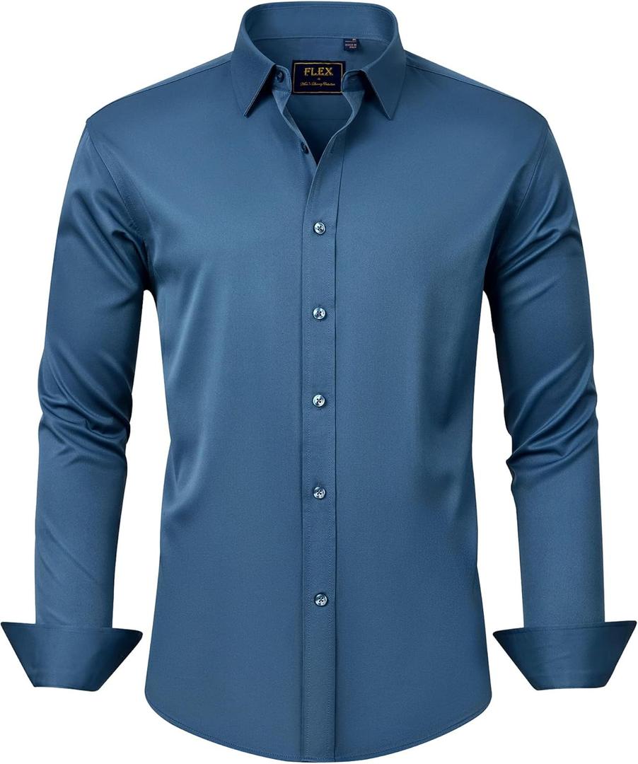 J.VER Men's Dress Shirts Solid Long Sleeve Stretch Wrinkle-Free Formal Shirt Business Casual Button Down Shirts (Large, Dark-blue)