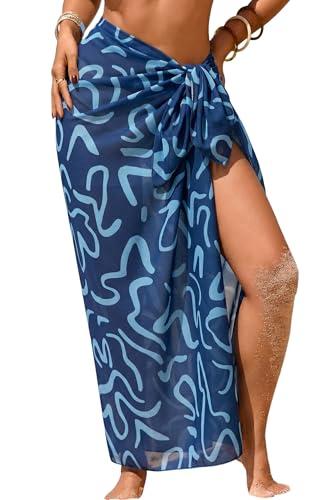 Herseas Women's Sheer Sarong One Size Swim Suit Coverups High Slit 2026 Summer Navy Blue Wave Print Chiffon Wraps Knot Side Beach Swim Suit Cover Up Fashionable Casual Vacation Outfits One Size