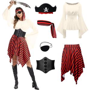 DARFULA 6 Pcs Womens Pirate Costume Renaissance Shirt Dress with Head Scarf Waist Belt Medieval Costume Accessory Sets (Medium, Beige)