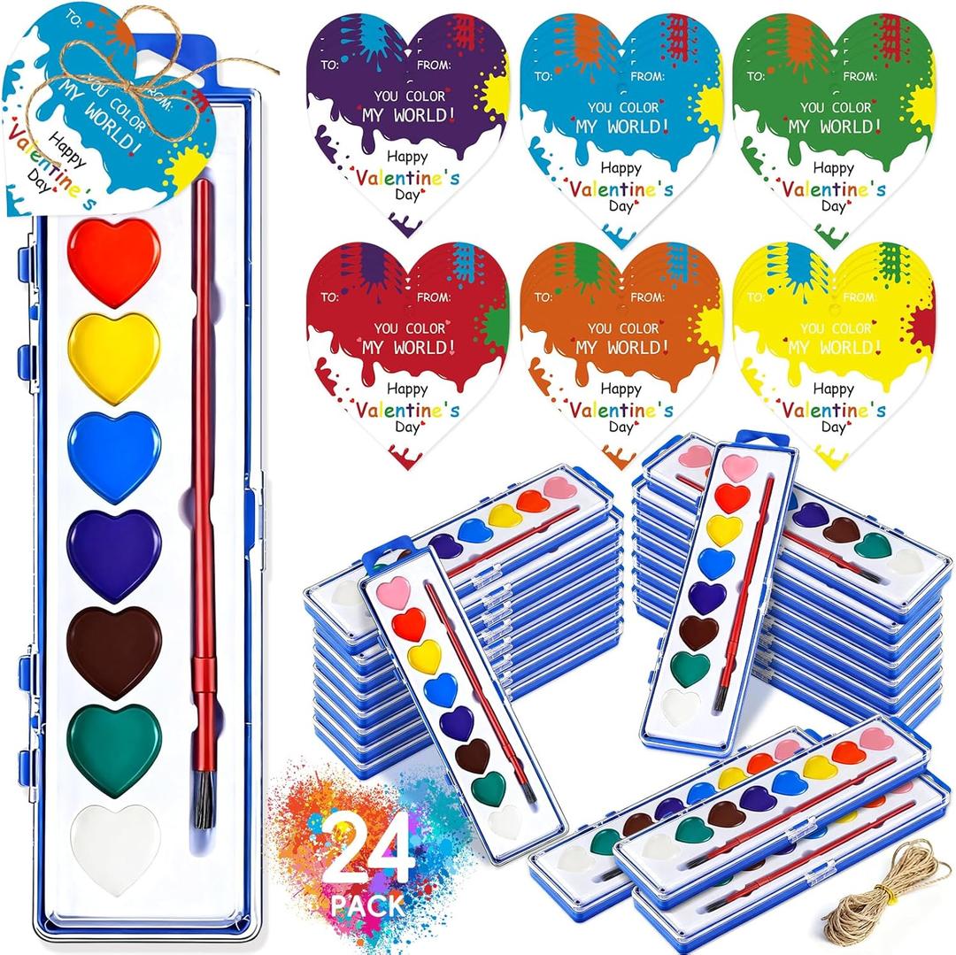 24 Pack Heart Watercolor Paint Set, Water Color Paint Set for Kids, 8 Colors Valentines Watercolor Paints Sets with Card Paintbrush, Washable Paints for Valentines Party Favors Classroom School Gifts