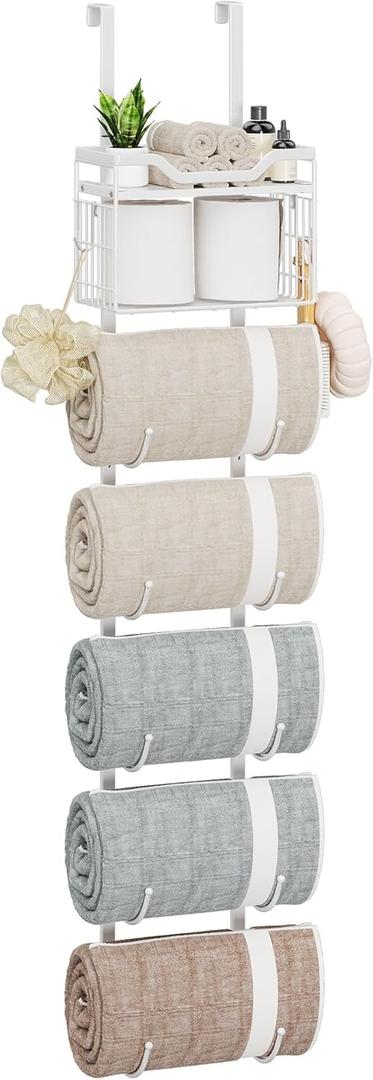 Over The Door Towel Racks for Bathroom,7 Tier Towel Rack Wall Mounted with Metal Shelf and Hooks,Rolled Towel Storage for Bathroom Door Holder Organizer Hanging,White
