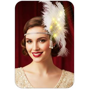 GORTIN Flapper Headband Light up 1920s Feather Headpiece Rhinestones Roaring 20s Hair Accessories for Women (Silver-White, Free size)