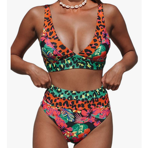Hilinker Women's Leopard Bikini Swimsuits V Neck High Waisted 2 Piece Bathing Suits XL