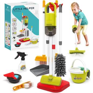 Dreamon Toddler Cleaning Set - 14Pcs Kids Cleaning Toy Set with 2-in-1 Kids Vacuum that Really Works, Pretend Home Cleaning Play Set for Toddler Age 3-7, Christmas Birthday Gift for Girls BoysRed, child-size