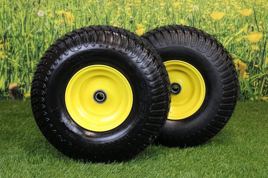 Antego Tire & Wheel (Set of 2) 15x6.00-6 Tire and Wheel Assemblies, ATW-003, 4 Ply Turf Tires, .75" Precision Ball Bearings, John Deere 15x6.00-6NHS Lawn Mower Tires, John Deere Front Tires 15x6.00-6