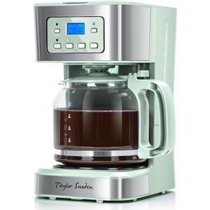 Taylor Swoden 12-Cup Programmable Coffee Maker, Regular & Strong Brew Drip Coffee Machine for Home and Office, Glass Carafe, Pause & Serve, Auto Shut Off, Green & Stainless Steel