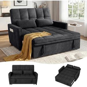 54'' Sleeper Sofa Bed, Convertible Pull Out Couch Futon for for Living Room,Apartment (Black, Loveseat) Side Pockets, Velvet Fabric, Adjustable Backrest, Pull-Out Bed, Easy Assembly