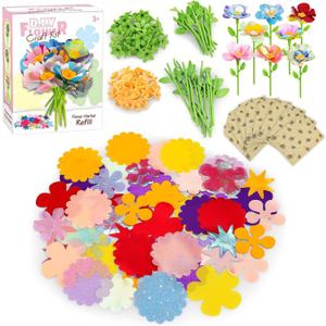 Fabric Flower Craft Accessories Kit  90 Colorful Petals, 28 Flower Cores, 28 Stems (Short & Long), 2 Arrangement Bases, 8 Bouguet Papers  Refill Parts for DIY Arts & Crafts Floral Toy Sets
