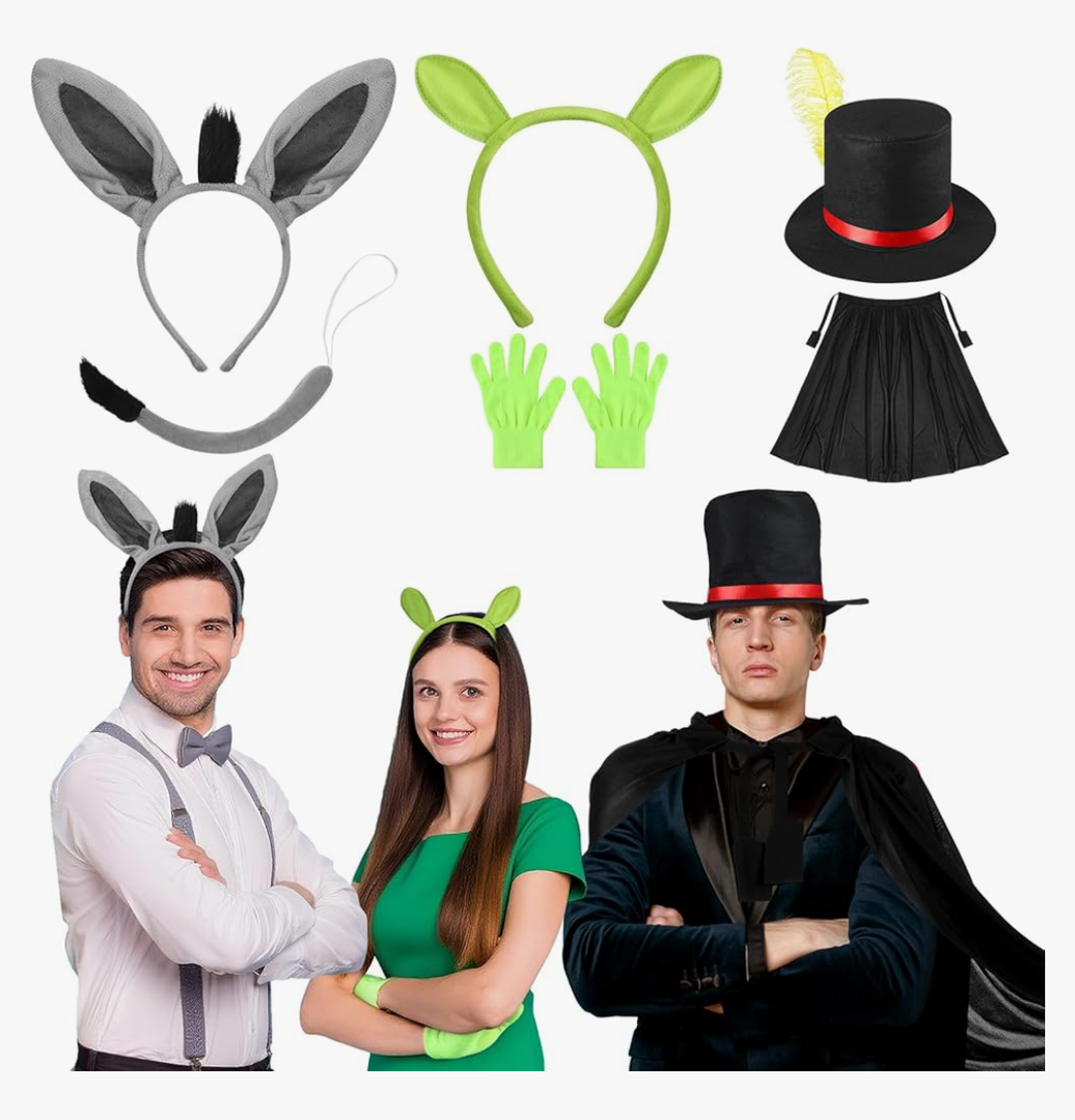 3 Sets Halloween Trio Costume Cosplay Accessories Green Ogre Ear Headband and Glove Donkey Headband and Tail Puss Cat Boots Hat with Cloak Family Halloween Costumes for 3 Dress up Accessories