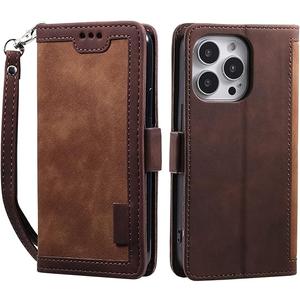 Wallet Case for iPhone 14/14 Pro/14 Plus/14 Pro Max, PU Leather Magnetic Flip Case with Card Slot Kickstand and Wrist Strap Shockproof TPU Inner Shell, Brown, 14pro 6.1"