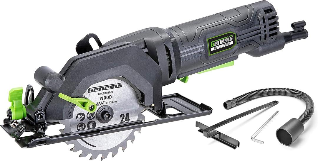 Genesis Mini Circular Saw 4.0 Amp 4-1/2" with 24T Carbide-Tipped Blade, Rip Guide, Vacuum Adapter, and Blade Wrench (GCS445SE)