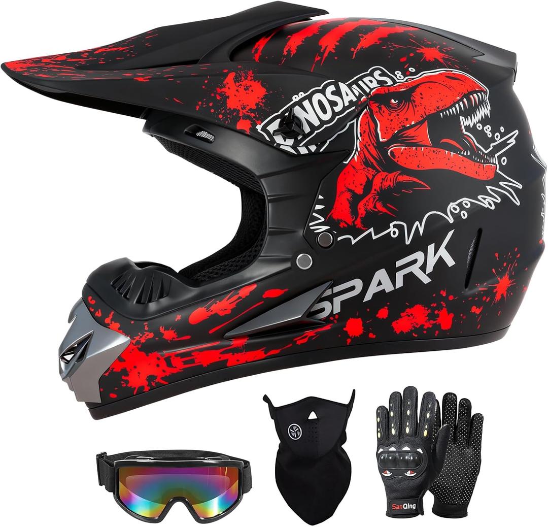SPARK Youth Kids Dirt Bike Helmets - Lightweight & Vented, Full Face, 4Pcs Set with Gloves, Goggles & Mask for Ages 5-14 (Motocross ATV Off-Road) DOT Approved, Large