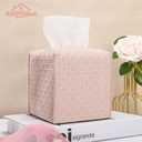 HOMOTEK 2 Pack Tissue Box Cover, Square PU Leather Tissue Holder, Decorative Facial Tissue Cube Paper Organizer Dispenser for Bathroom, Night Stands, Desk, Car 5X5X5'' - Rattan Weave,Macaron Pink