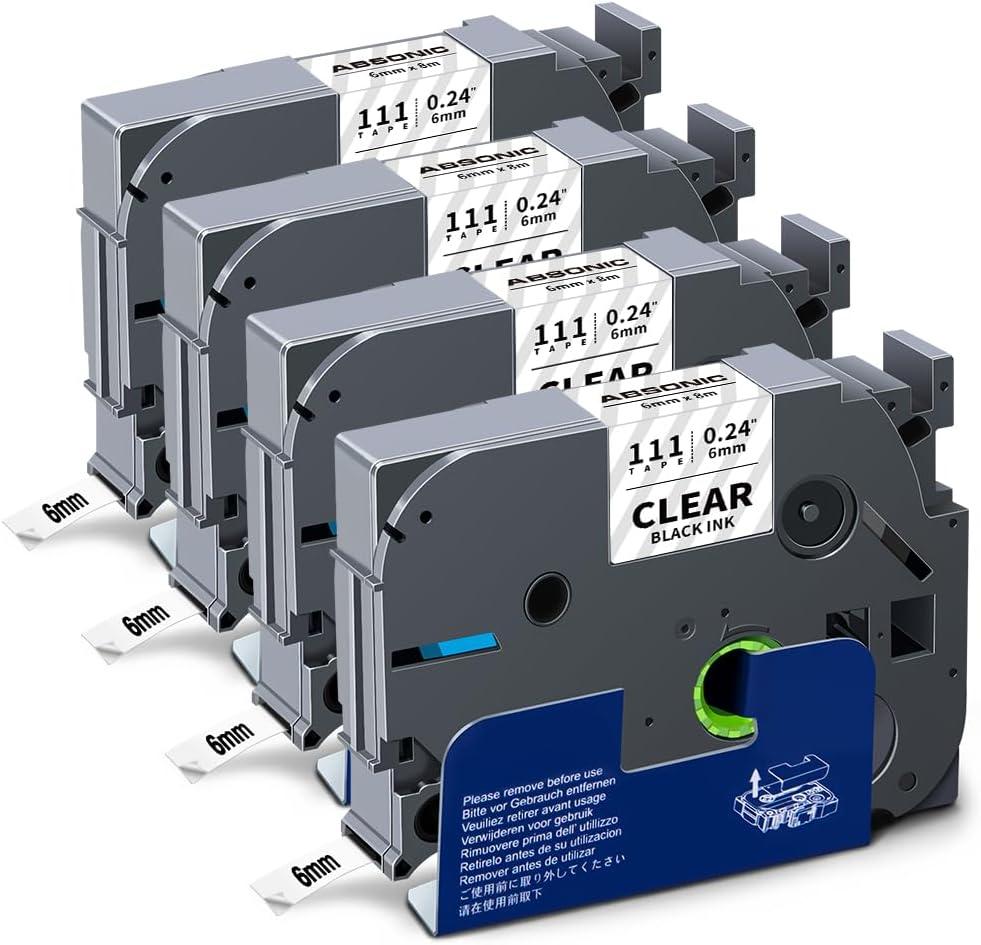 Absonic 4-Pack Tze-111 6mm Black on Clear Label Tape Compatible for Brother Tze111 Tz-111 Tz111 P Touch Tze 6mm 0.23" Laminated Clear Tz 1/4 Inch Label Tape for PT-H110 PT-D220 PT-D202 PT-D210 PT-D610