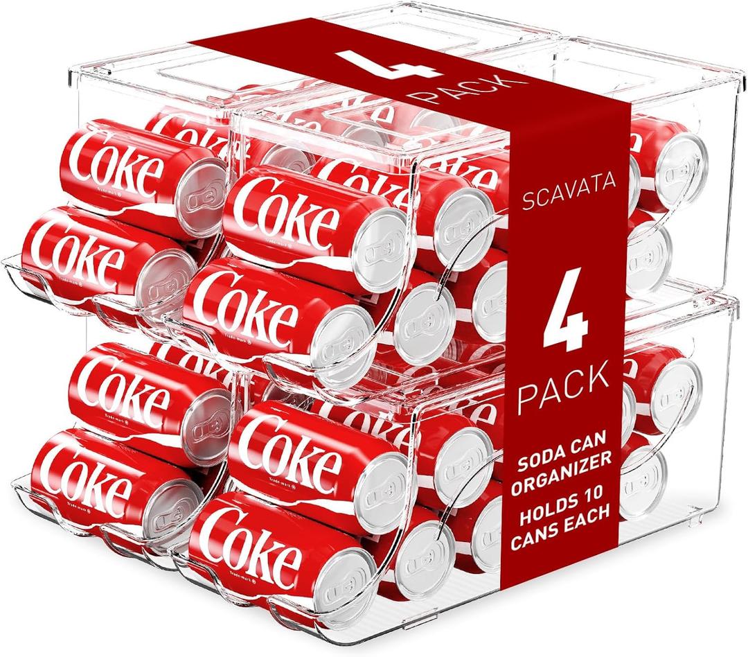 SCAVATA 4 Pack Stackable Refrigerator Organizer, Soda Can Dispenser Pop Cans Container Beverage Holder with Lid for Fridge, Freezer, Kitchen, Clear Plastic Storage BinsHolds 10 Cans Each