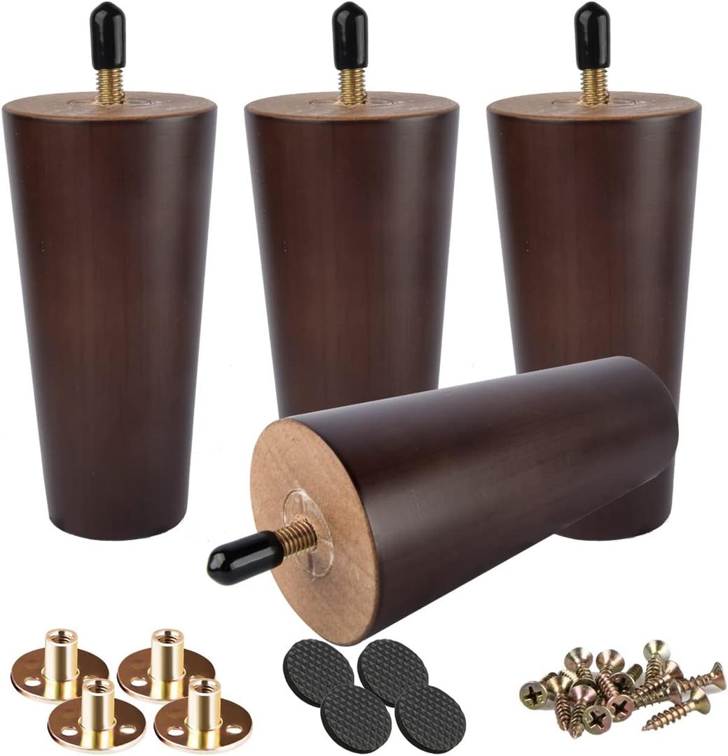 5 inch Solid Wood Furniture Legs, 4Pcs Mid-Century Modern Walnut Wooden Replacement Feet with Threaded 5/16'' Hanger Bolts & Mounting Plate & Screws for Sofa Couch Armchair Cabinet TV Stand