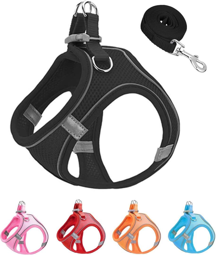 XXXS Black Soft Mesh Dog Harness and Leash Set,No Escape Puppy Harnesses for Training Walking Reflective Adjustable Puppy Vest for Small Medium Dogs, Cats (Black, XXXS)