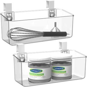 vacane 2 Pack Plastic Over Cabinet Door Organizer with Removable Hooks, Clear Hanging Baskets for Organizing Over the Cabinet Organizer Holder for Kitchen, Bathroom-Hang Outside or Inside Door-M