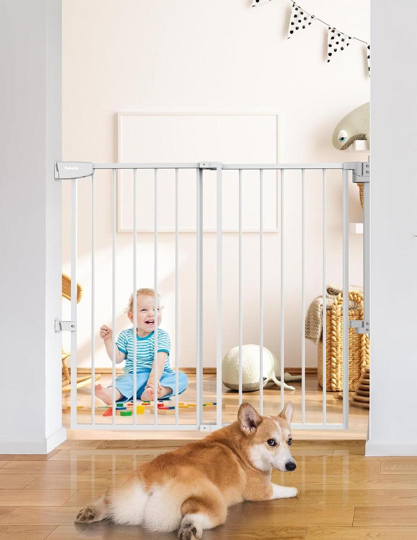 Babelio 34" Tall No Bottom Bar Baby Gate for Stairs, Safety Pet Gates with Large Walk Thru Door, 29.7-46.5" Hardware Mount Dog Gate for The House and Doorways, White