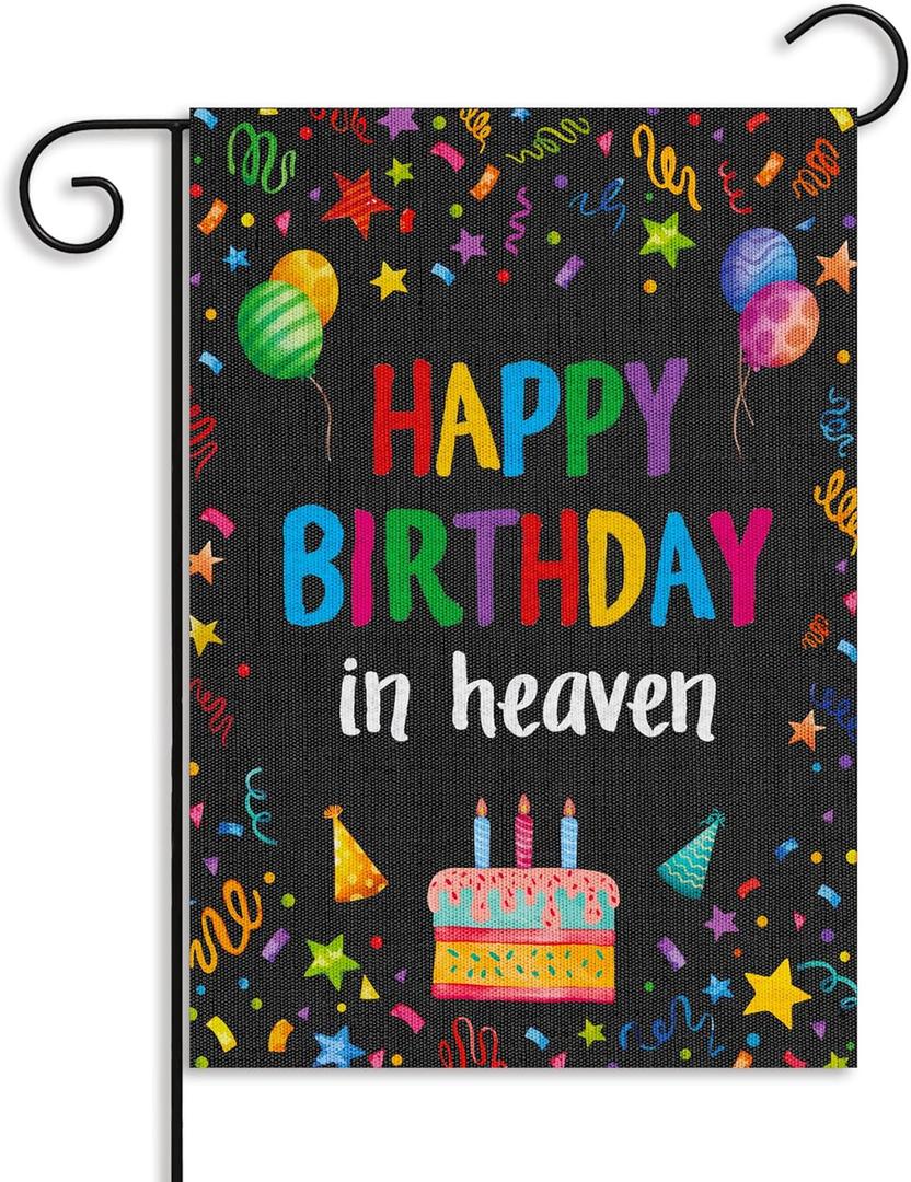 WATINC Happy Birthday in Heaven Garden Flag - Colorful Ribbons Funeral Memorial Flags for Sympathy, 12 x 18 Inch Linen Yard Decorations, Grave Cemetery Farmhouse Outdoor Decor Supplies (Black)