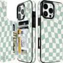 Compatible with iPhone 16 Pro Max Case Wallet with Card Holder, Flip PU Leather Built-in Card Slots, Kickstand and Shockproof Case for iPhone 16 Pro Max 6.9 inch Women Men (Green Checkerboard)