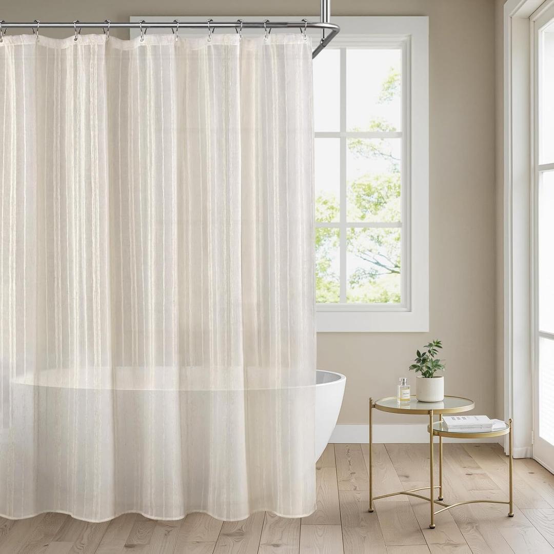 Linen Shower Curtain Cream, Sheer Fabric Boho Farmhouse Shower Curtains for Bathroom Cotton Natural Cloth Liner Set 72" W x 96" L