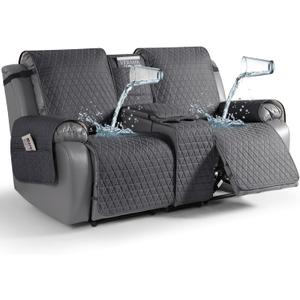 TAOCOCO 100% Waterproof Loveseat Recliner Couch Covers with Console,Double Reclining Couch Cover Non-Slip Sofa Slipcovers Washable,Furniture Protector Covers for Dog,Pets(2 Seater,Black Gray)