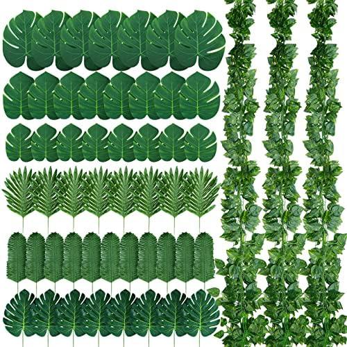 XunYee 24 Strands 165 ft Artificial Vines with Leaves Tropical Leaf Garland and 60 Pcs Fake Monstera Palm Leaves Decor Faux Ivy Vines for Jungle Safari Plant Party Decoration