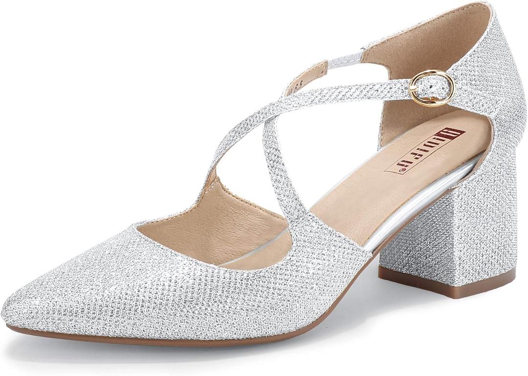 IDIFU Silver Heels for Women Women's Lynn Dress Low Heeled Pumps Closed Pointed Toe Block Chunky Heel Cross Strap Wedding Bridal Party Office Shoes(Silver Glitter, 8.5)