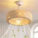 20" Rattan Boho Caged Ceiling Fan with Lights Remote Control, Rattan Enclosed Fandelier Ceiling Fans with Lights Low Profile Chandelier Ceiling Fan for Bedroom,Nursery, Living Room, Dining Room (Retro white)