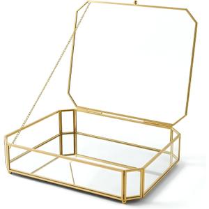 Large Glass Boxes for Display Handmade, Mirrored Bottom, Glass Jewelry Box with Lid, Trinket Box Book Photo Keepsake Organizer, Display Case for Vanity Decor Home Dresser, Octagon Shape, Gold