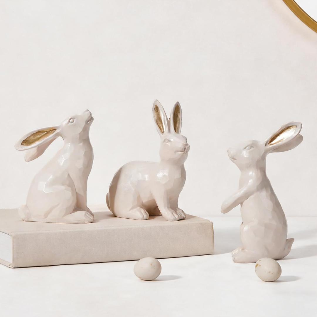 DN DECONATION Easter Bunny Figurines, Small Decorative Bunny Statue Set of 3, Beige & Gold Easter Rabbit for Modern Tabletop Decor Home Spring Decoration Gift, Resin Sculptures Decor