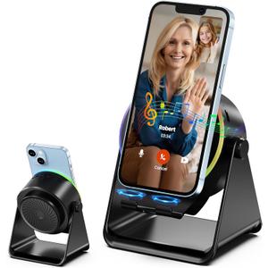 Wireless Induction Speaker, Phone Stand with Bluetooth Speaker Amplifier, Stereo Sound, RGB Ambient Light, 360 Adjustable Phone Holder Compatible with iPhone/iPad/Android/Samsung Galaxy-Black
