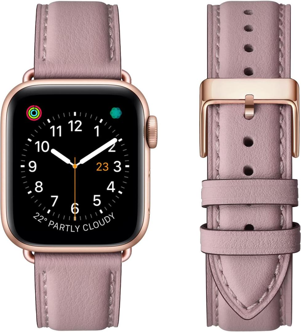 OMIU Square Bands Compatible for Apple Watch 38mm 40mm 42mm 44mm, Genuine Leather Replacement Band Compatible with Apple Watch Series 6/ 5/ 4/ 3/ 2/ 1, iWatch SE (Laverder/ Rose Gold Connector, 38mm 40mm)