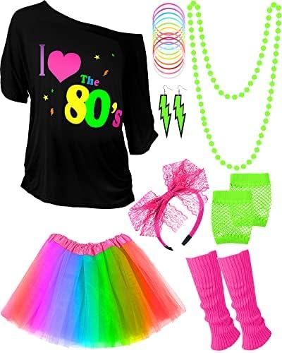 Blulu 80s Costume Accessories Outfit Set for Women T-shirt Tutu Skirt Leg Warmers Headband Earring Necklace Fishnet Gloves, (Classic, Aged 8-10)