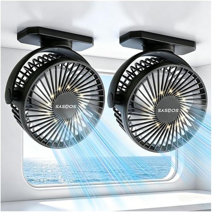2 Pack Cruise Approved Magnetic Fan with 12000mAh Rechargeable Battery, Cruise Fan with 3 Speeds, Timer, Led Lights, Bottom Hook, Portable Fans for Camping Travel Cruise Essentials