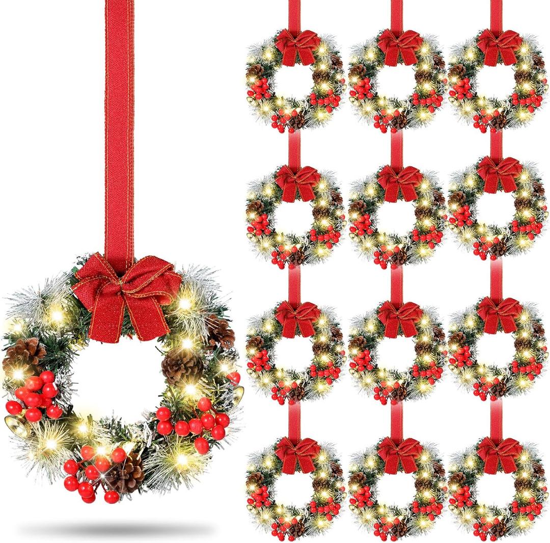 12 Pcs Mini Christmas Cabinet Wreath with Lights Prelit 8" Artificial Small Pinecone Front Door Wreath with Bow Xmas Hanging Garland for Kitchen Window Stairs Railing (Red)