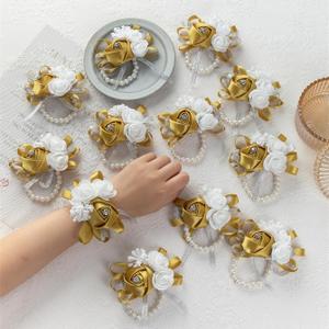 12Pcs/lot Women Bride Bridal Bridesmaid Wrist Corsage Silk Rose Pearls Girls Wedding Hand Flowers Party Decoration (Gold 2)