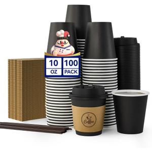 JOLLY CHEF 100 Count 10 oz Coffee Cups with Lids, Sleeves and Stirrers for Home, Office, Kitchen, Cafes, Disposable Hot Paper Cups for all Kinds of Beverages