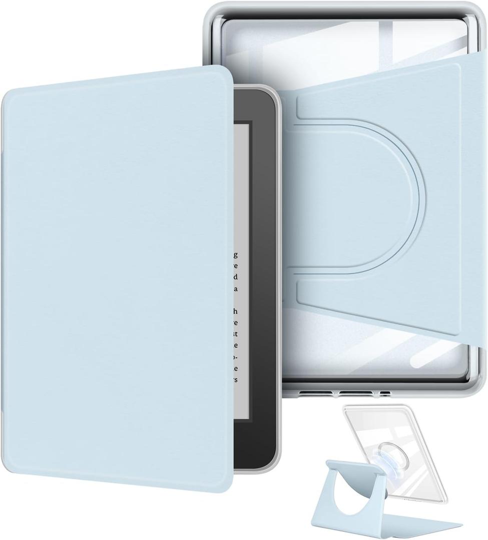 360 Degree Rotating Case for 6" Kindle (11th Generation-2024 Release), Detachable Magnetic Design Protective Adjustable Stand Cover Clear Back with Auto Sleep/Wake, Light Blue