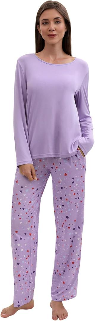 Women's Soft Pajama Set Long Sleeve Tops and Full Length Pajama Set Sleepwear with Dream Print Two Piece Pjs, L