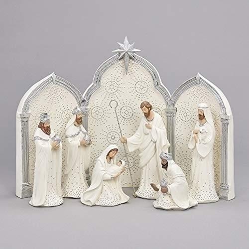 Roman 133013 Nativity Silver Dot White with Triptych Backdrop,11.25 inch