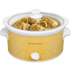 West Bend 4-Quart Manual Slow Cooker with 3 Cooking Settings, Dishwasher-Safe Ceramic and Glass Lid, 210 Watts, Yellow
