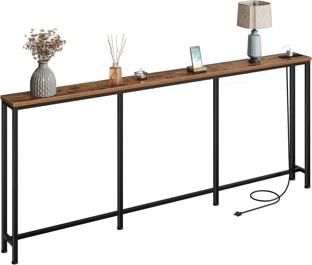 78.7'' Narrow Console Table with Power Outlet 7.1" Skinny Sofa Table, Long Behind Couch Table with Charging Station, Entryway Table for Hallway, Living Room Rustic Brown and Black TXG20UBF, 78.7*7.1*32.3in