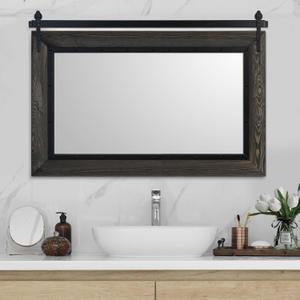 YOSHOOT Farmhouse Barn Door Mirror, 48"x30" Rustic Bathroom Mirror, Wood Frame Wall Mirror, Wooden Mirror for Living Room Bedroom Entryway Wall Dcor, Horizontal Hanging ONLY (Ebony)