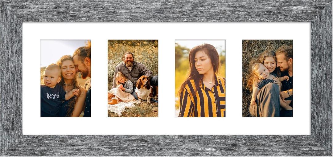 8x20 Picture Frame Display 4 opening 4X6 Picture Frame Collage,Multi Photo Frame with Mat,Plexiglass,Wall or Tabletop Decor,Grey Wood Grain, 8x20 - (4 Open4x6