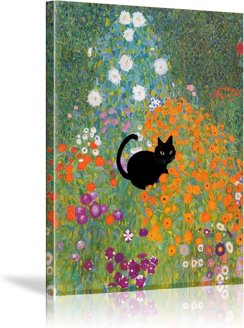 Asunygirl Cat Art Wall Canvas Decor - Monet Black Cat Poster, Vintage Garden Wall Art Prints for Colorful Living Room, Bedroom, Kids Room - 16x24 Inch